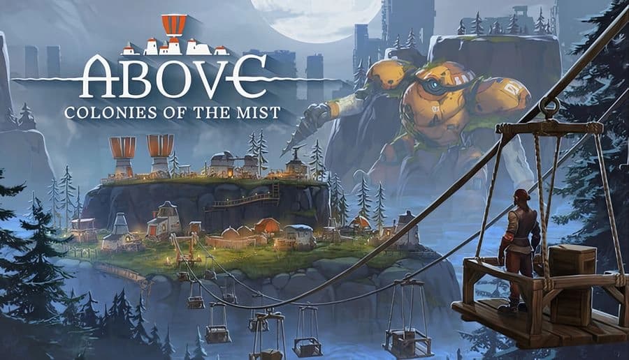 Above: Man on wooden platform watching airship and hilltop colony over cliffs and cable cars in blue mist.