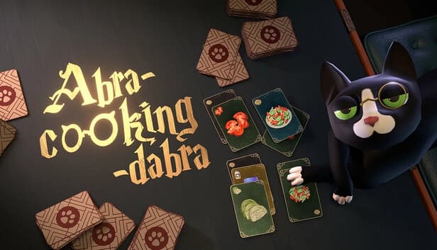 A black cat wearing a gold monocle sits beside playing cards featuring fresh ingredients like tomatoes, lettuce, and cabbage.