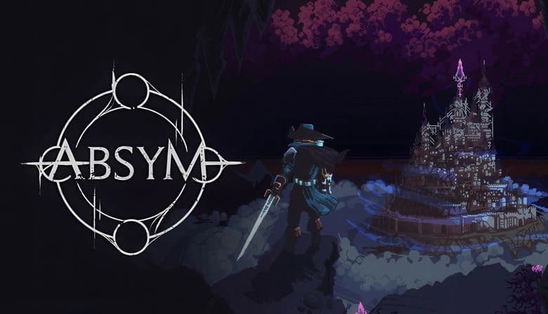 A cloaked figure with a hat holds a sword, facing a mystical, illuminated castle amidst swirling mists and dark skies.
