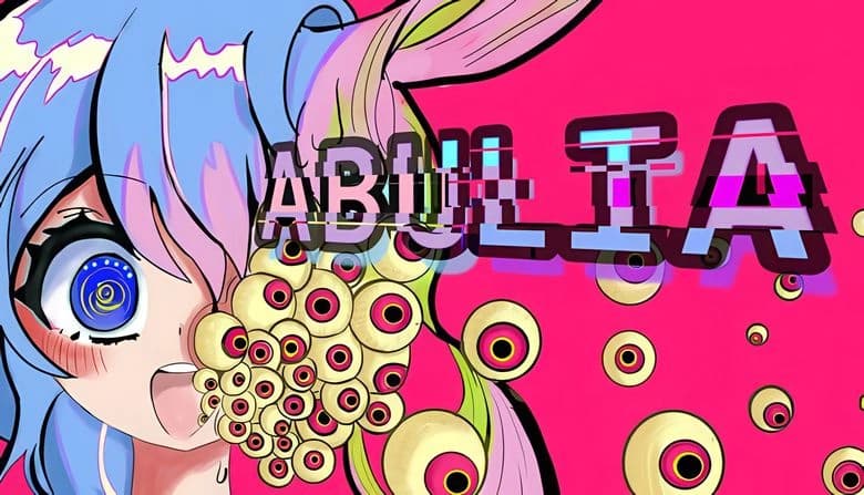 Abulia: Young girl with blue hair and spiral eyes surrounded by floating yellow and pink eyes on vibrant pink backdrop.