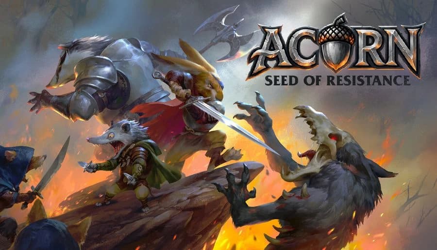 ACORN: Armored rabbit warrior raises sword beside mouse archer facing snarling rats amid smoky battlefield flames.