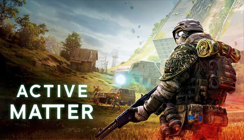 Active Matter: Armed soldier in futuristic gear surveys a rural landscape with abandoned buildings and distant blue orb.
