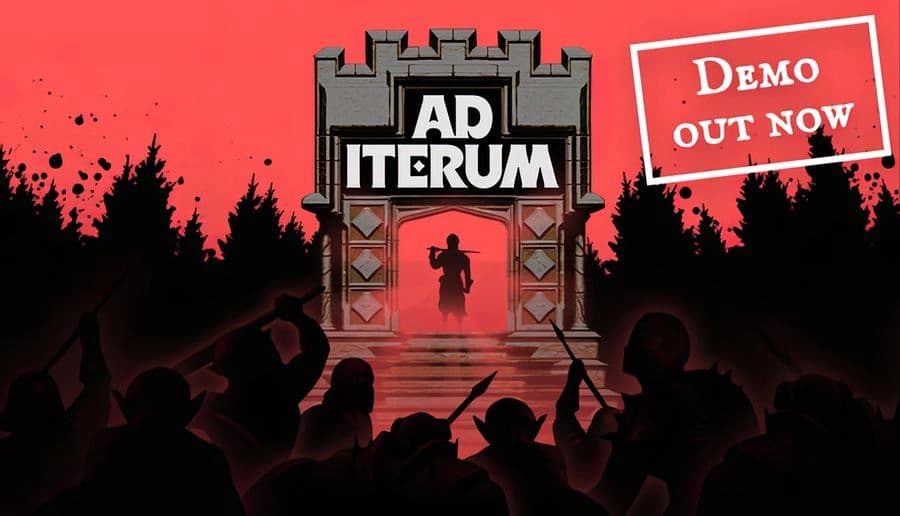 Ad Iterum: Silhouetted crowd raises weapons toward a lit castle gate with a figure inside, red sky backdrop.