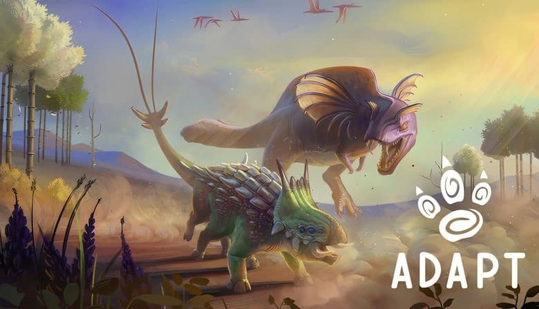 Two fantastical creatures in a misty landscape; one with armored plates, the other with wings, surrounded by lush trees.