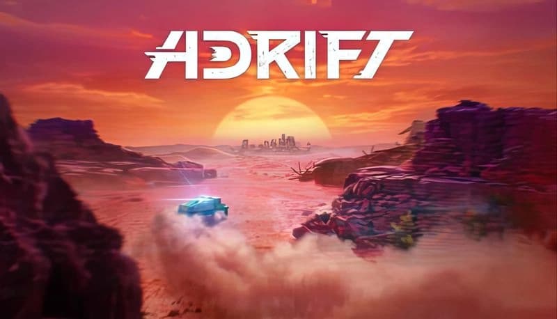 ADRIFT: A vehicle speeds through a vast desert landscape at sunset, leaving a trail of dust amidst distant rock formations.