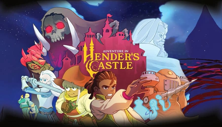 Adventure in Hender´s Castle: young woman conjures glowing magic ribbon beside dark castle under red stormy sky.