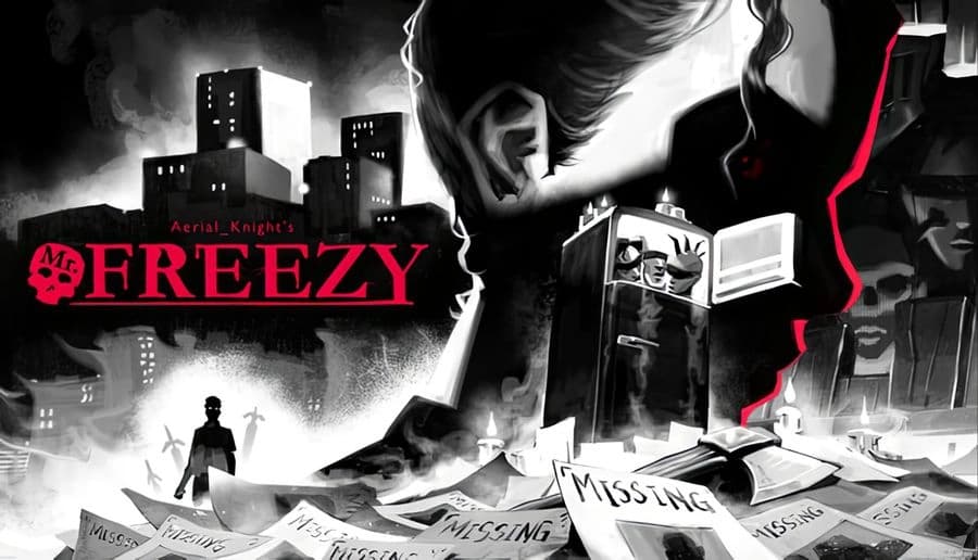 Aerial_Knight’s MrFreezy: Red Mr Freezy title over blurred missing-person posters and noir police board background.