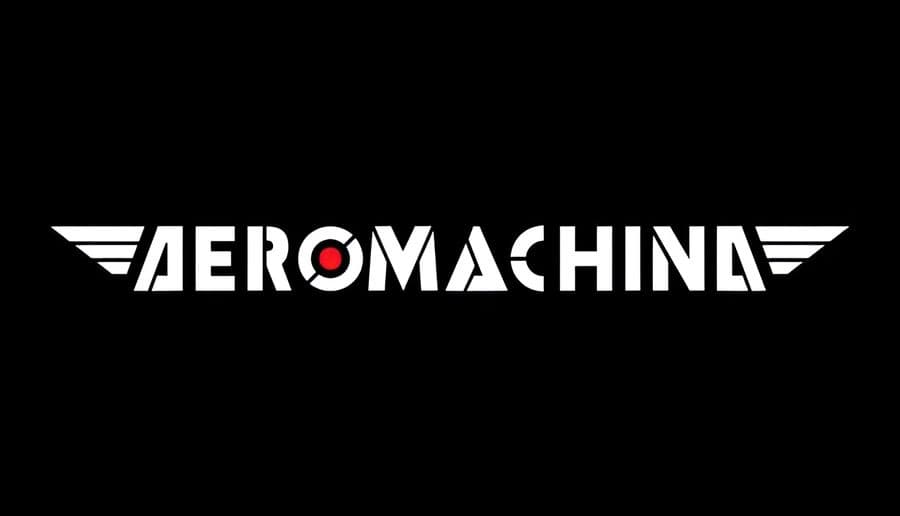 AEROMACHINA: Stylized white title with wing icons and red target mark on a solid black background screen.