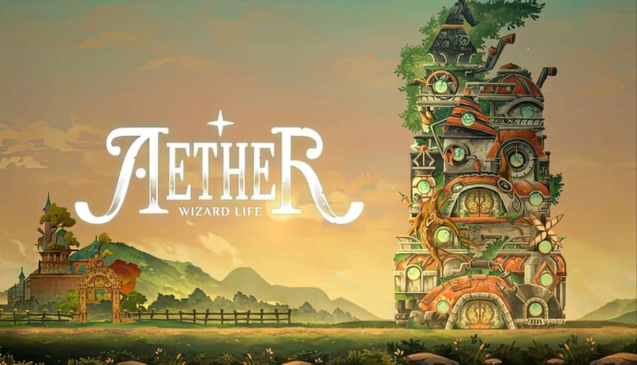 Aether Wizard Life: tall stacked wizard tower with round windows beside a fenced meadow under a sunset sky.