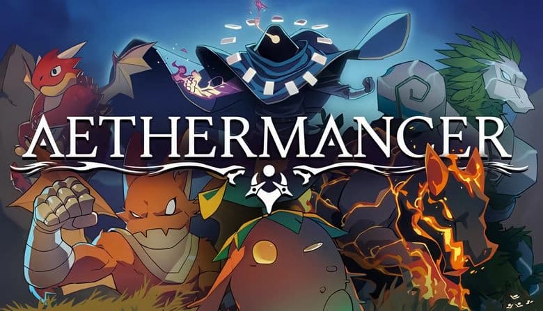 Aethermancer: Mystic figure leads diverse mythical creatures, including fiery beast and stone golem, in vibrant setting.