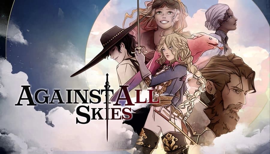 Against All Skies: Diverse heroes with weapons and pets on sky islands against a backdrop of clouds and swirling mist.
