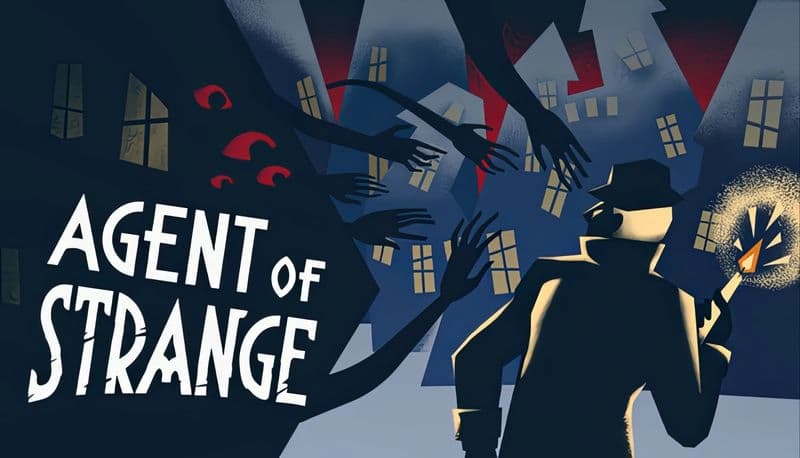 Agent of Strange: Man in trench coat with torch faces red-eyed shadows, surrounded by reaching hands in dark cityscape.