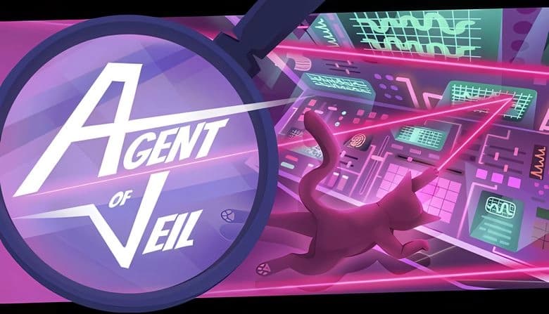 Agent of Veil: Pink cat dodges lasers in neon-lit control room with screens displaying sine waves and futuristic panels.