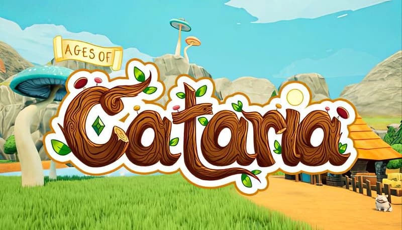 Ages of Cataria: Idyllic village with giant mushrooms and lush fields under a bright sky; small dog near orange-roofed house.