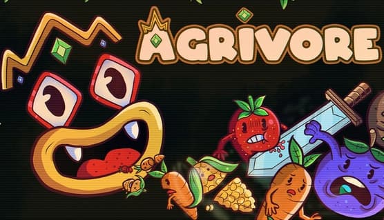 Agrivore: Cartoon fruit warriors battle foes; tomato wields sword, giant mouth faces them, vibrant and animated scene.