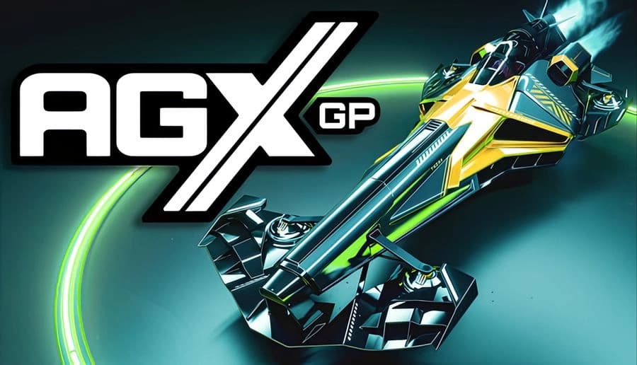 AGX GP: Yellow anti-gravity racing craft banking over glowing green ring track against dark teal sci-fi backdrop.