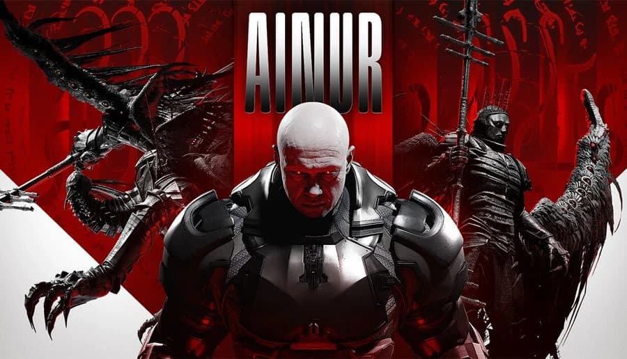 AINUR: Armored winged warrior with talons and rifle spread black feathers against red and white backdrop.