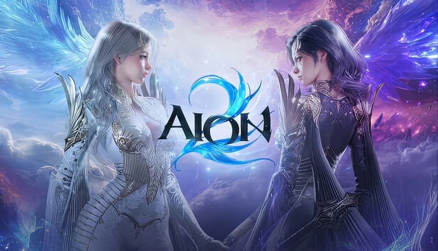 AION 2: Two women face each other in ornate armor, silver-haired left and dark-haired right, in purple sky.