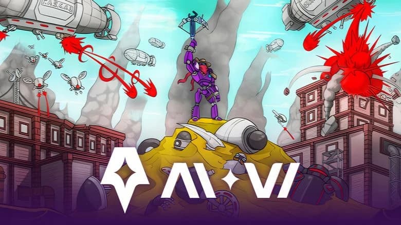 A purple robot wields a crossbow atop a scrapyard. Red projectiles soar through the sky amid explosions and flying blimps.