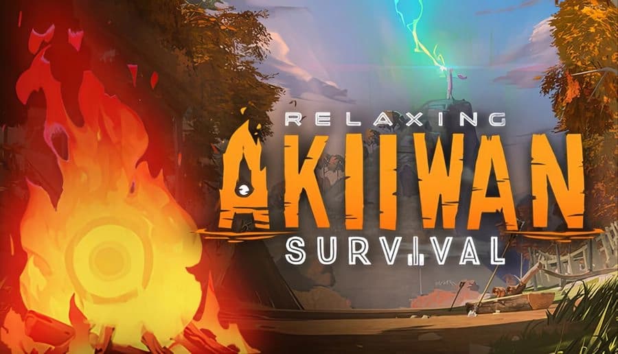 Akiiwan: Glowing campfire with a carved face beside a tent at dusk in a grassy forest clearing with trees.