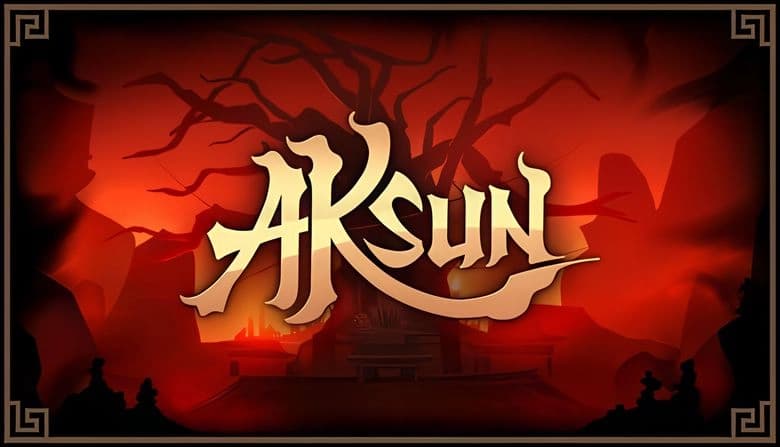Aksun: Shrine with wooden stool and incense before giant twisted tree in crimson-lit mountains, ornate gold borders frame.