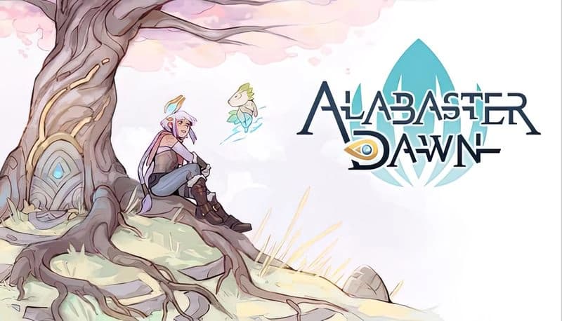Alabaster Dawn: Young woman with glowing ears sits by tree, fairy hovering nearby, in a serene, pastel forest setting.