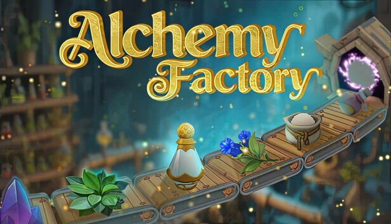 Alchemy Factory: Several potions and herbs travel along a wooden conveyor belt against a mystical, glowing factory backdrop.
