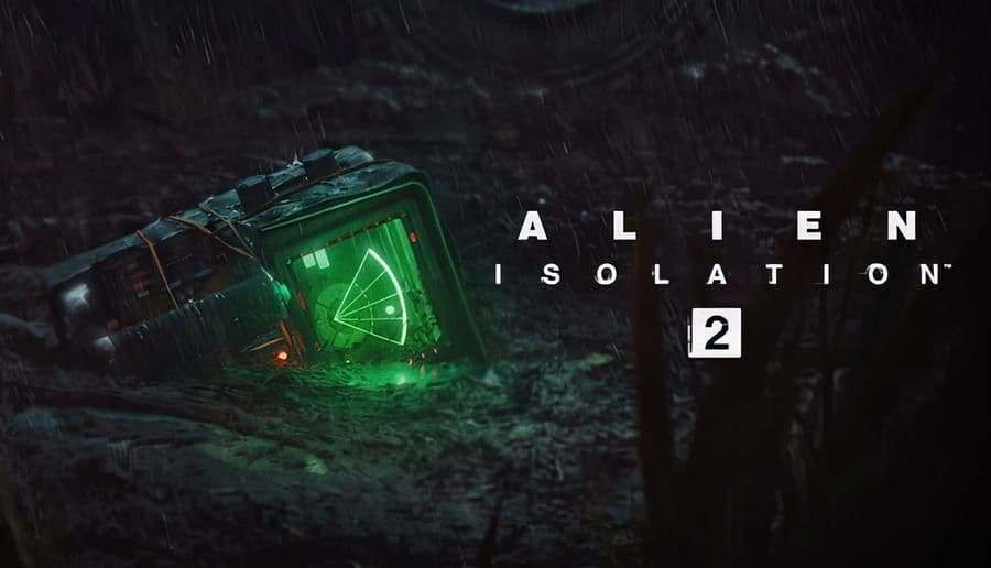 Alien: cracked green radar screen glowing in muddy water beside metal wreckage in a dark rain-soaked forest floor.