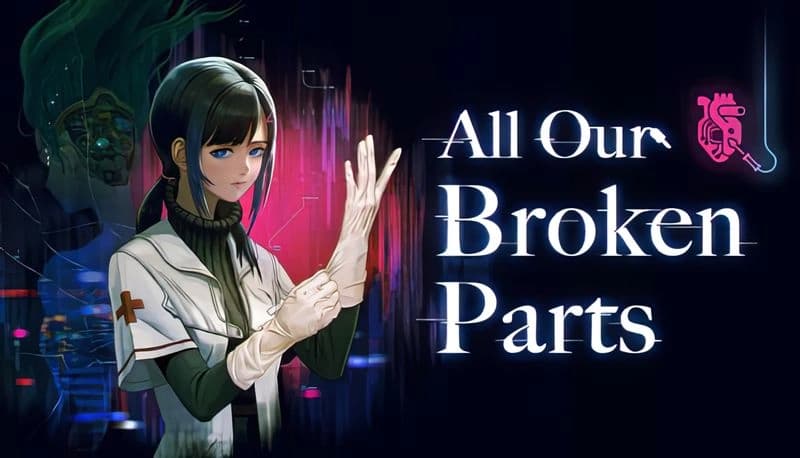 All Our Broken Parts: Young woman in medical attire dons gloves, set against a futuristic cityscape with vibrant colors.