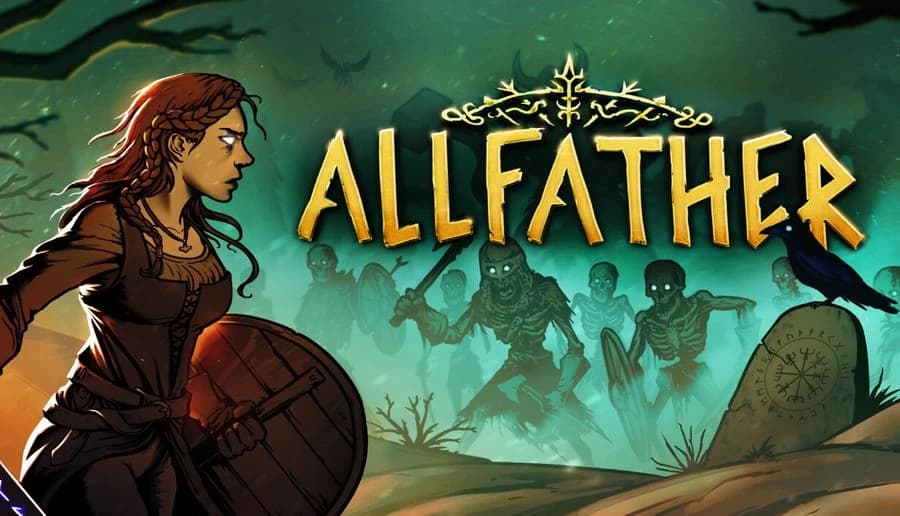 ALLFATHER: Red-haired woman with round shield faces shadowy undead in foggy graveyard with crow on tombstone.