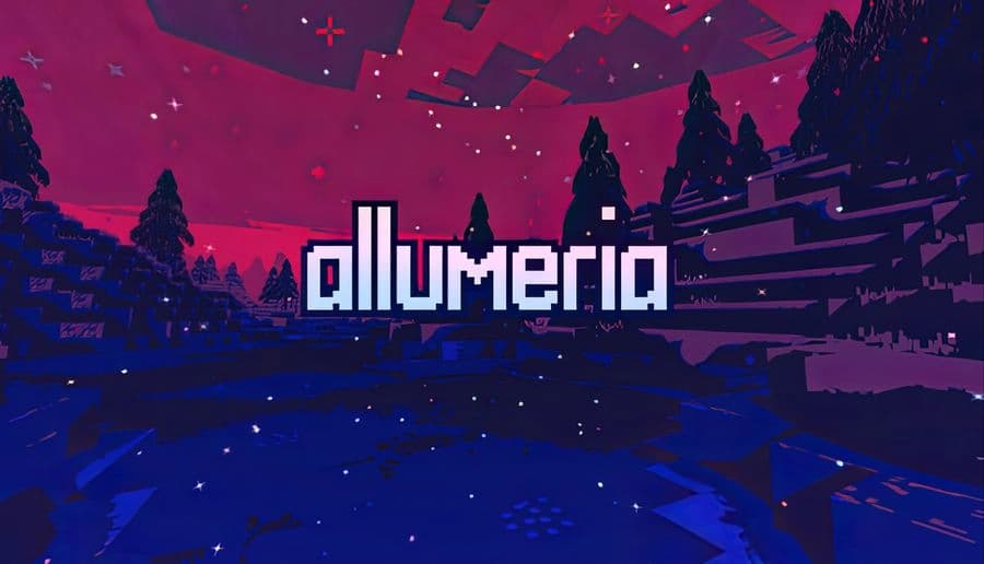 Allumeria: Pixelated giant creature with glowing eyes under crimson sky, pine trees in background, digital art style.