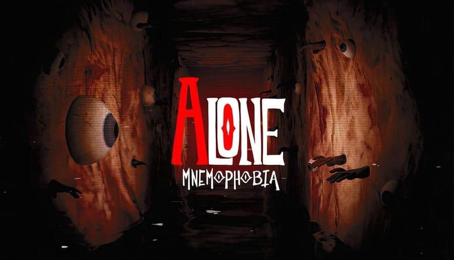 ALONE: Red and white title lettering over a dark corridor with cracked walls, floating eyes, and black shadows.