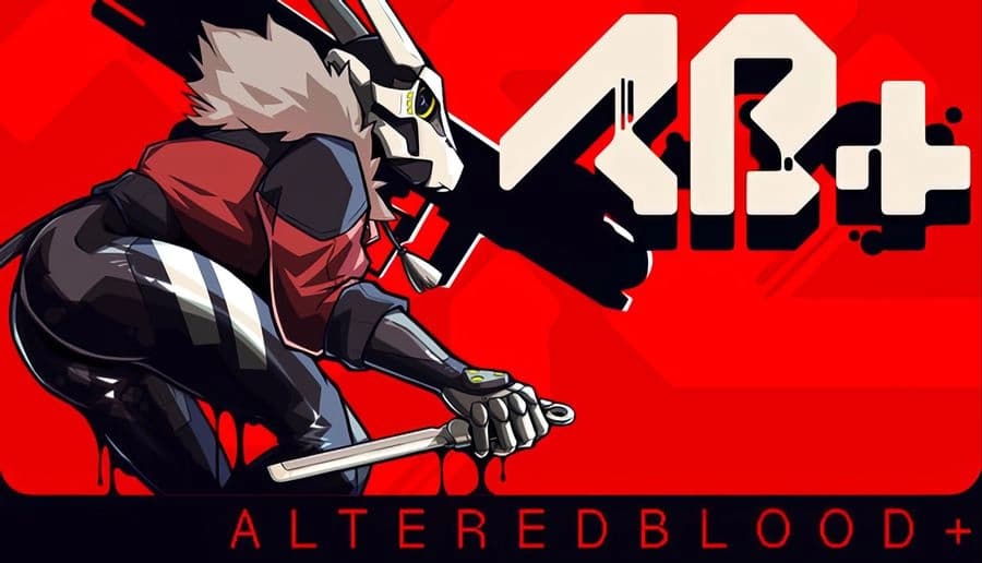 ALTEREDBLOOD+: Armored wolf-helmeted fighter with spiked gray hair on red black cover, bold shadows and shapes backdrop.