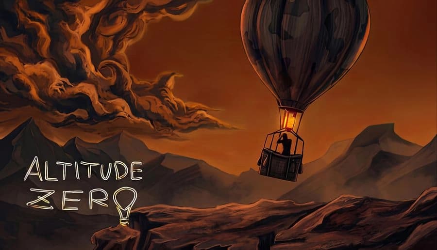 Altitude Zero: lone pilot in hot air balloon basket drifting above dark mountains under orange storm clouds.