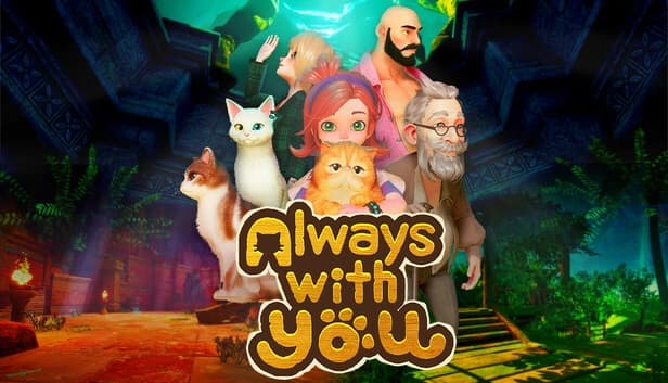 Red-haired girl holds ginger cat amid two other cats, a bald man, older man, young woman, and vibrant ancient ruins.