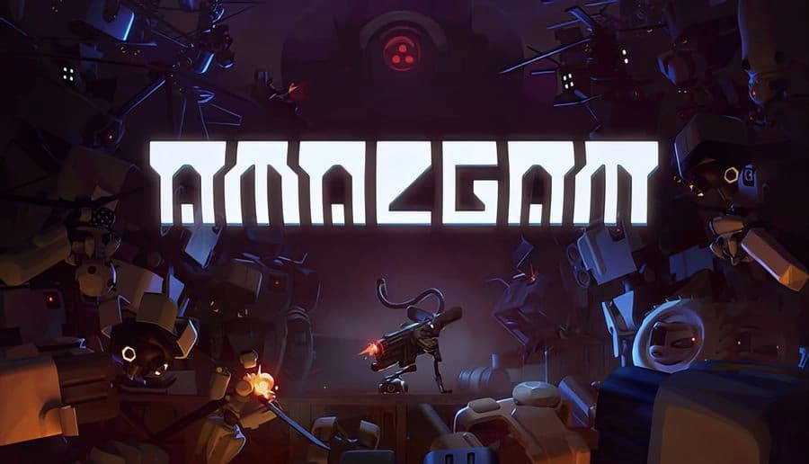 Amalgam: Lone armored fighter with rifle leaps amid flying drones and debris in a dark futuristic factory cavern.