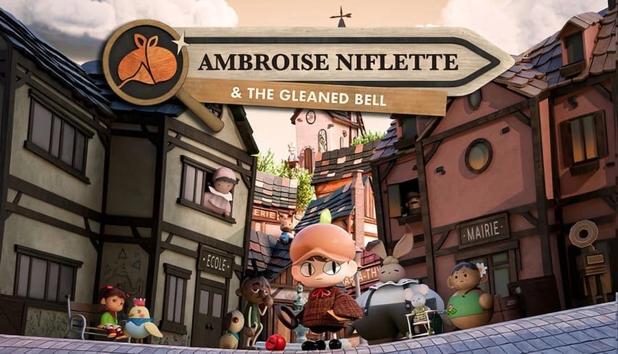 Ambroise Niflette & the Gleaned Bell: Detective in brown outfit stands on cobbled street with villagers and quaint houses.