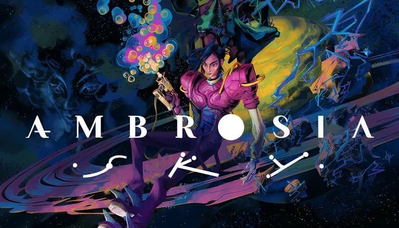 A female astronaut in a pink spacesuit floats in a cosmic scene, wielding a weapon firing colorful orbs near Saturn's rings.
