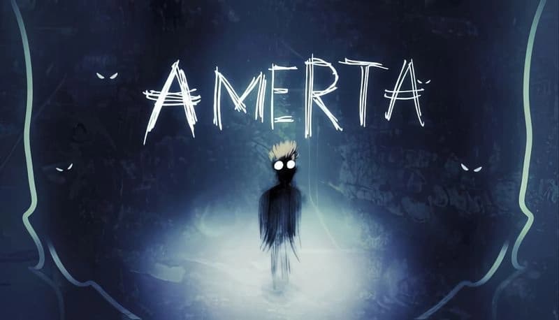 Amerta: Mysterious figure with glowing eyes stands in dark, eerie setting, surrounded by shadowy figures and swirling mist.