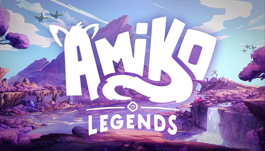 Amiko Legends: White title letters over rocky desert canyon with river, purple trees, and blue crystals under clouds.