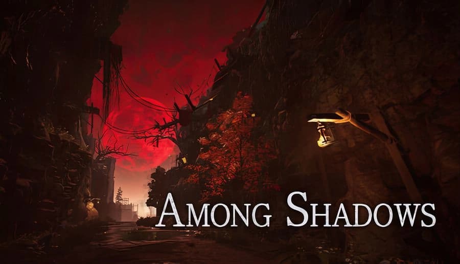 Among Shadows: Red moon over dark village street with bare trees, falling leaves, and glowing lanterns on walls.