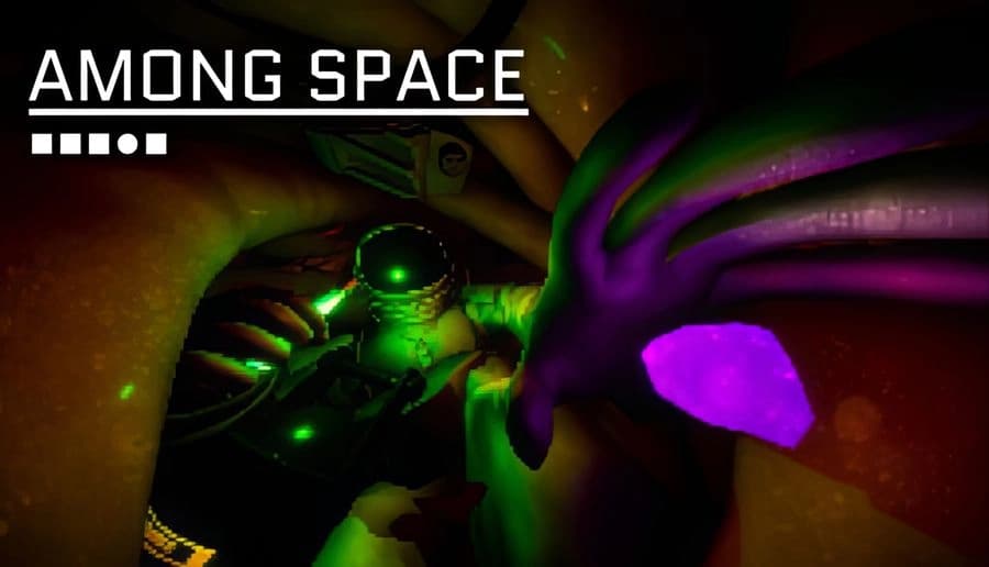 Among Space: glowing astronaut reaches toward purple alien claw in dark tunnel with green mist and particles.