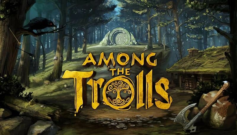 Among the Trolls: Ancient stone circle in dark forest with a crow and rustic cabin under shaded trees.