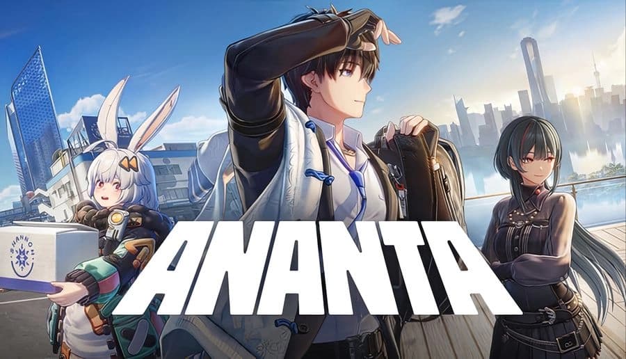 ANANTA: Young man shading eyes beside two women on a rooftop walkway overlooking a modern skyline and river.