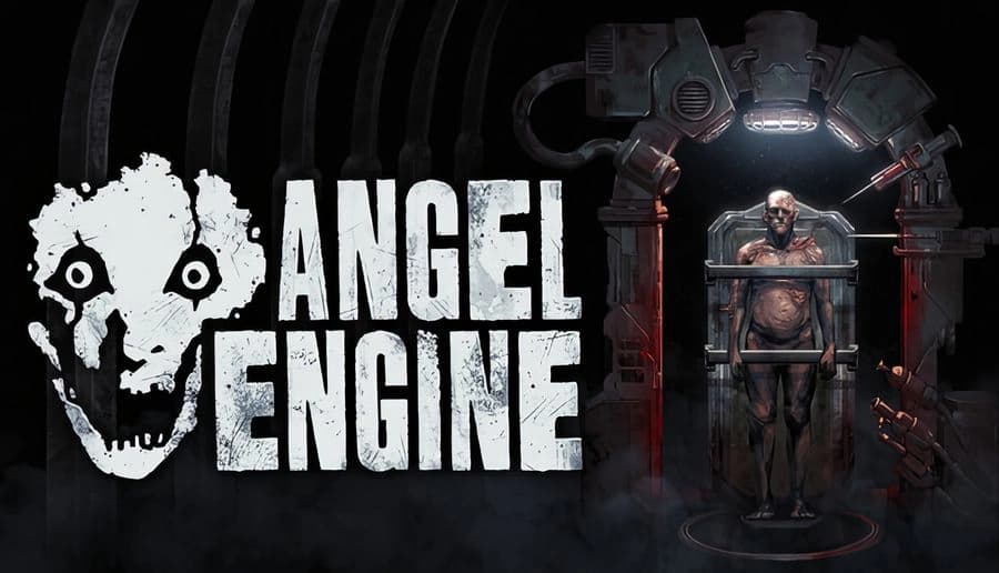 Angel Engine: Emaciated man in surgical chamber lit by eerie glow, surrounded by mechanical apparatus in dystopian setting.