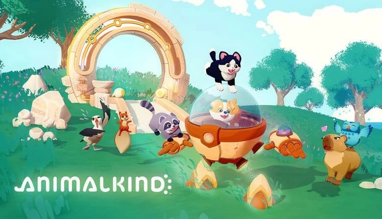 A corgi pilots a mech with a transparent dome, joined by a playful husky, raccoon and many other animals in a grassy field.