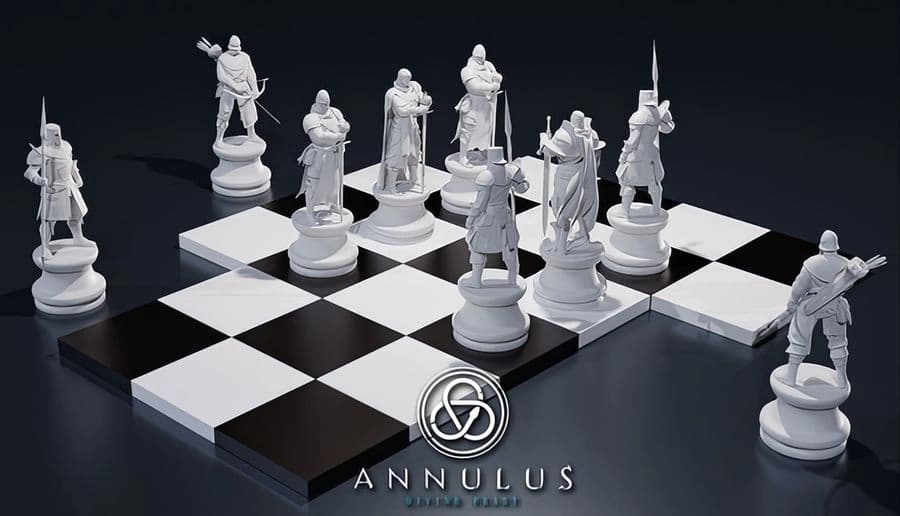 Annulus: Chess pieces styled as armored warriors stand poised on a checkered board, suggesting a strategic fantasy setting.
