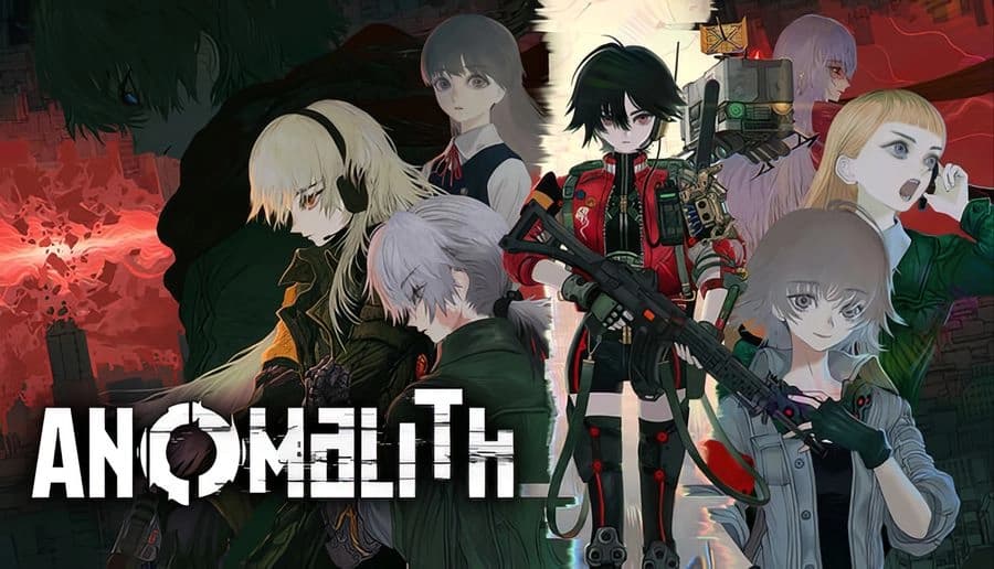 ANOMALITH: Young woman with short black hair in red jacket holding rifle before red smoky cityscape backdrop.