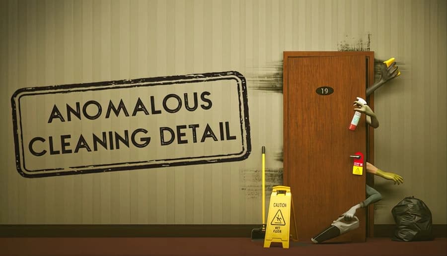 Anomalous Cleaning Detail: Gloved hands frantically clean a dirty hotel door; caution sign and trash bag on dingy hallway floor.