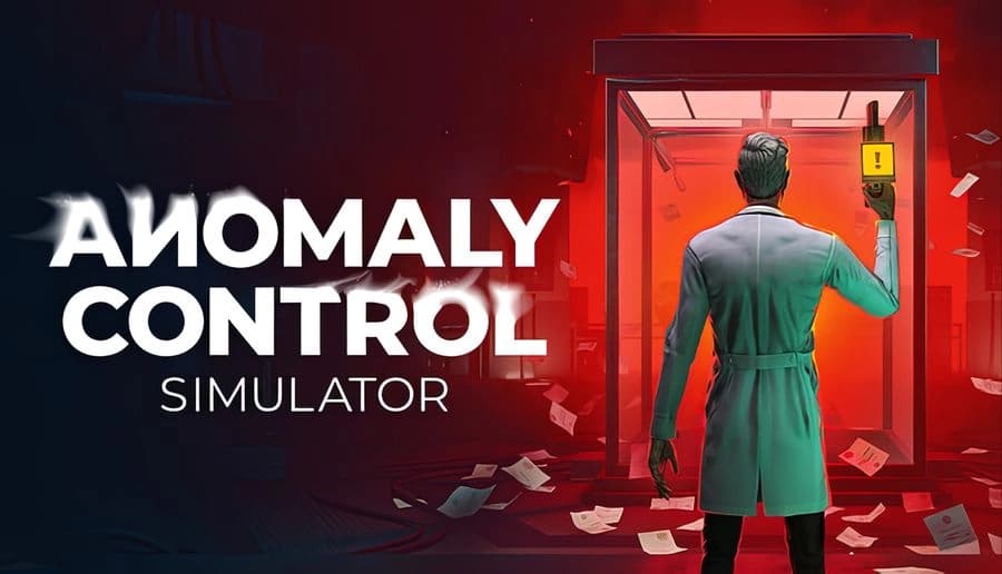 Anomaly Control Simulator: man in lab coat scans a yellow device at a red-lit chamber, papers flying around.